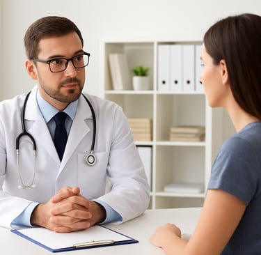 A doctor in a lab coat and patient