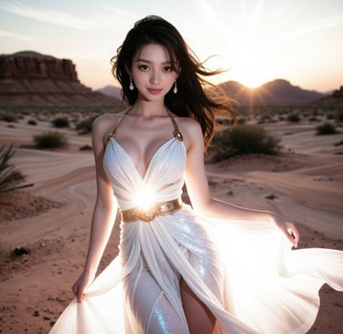 A model portrait of a woman in white flowing dress