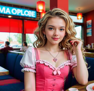 A woman in a red dress sitting in a restaurant