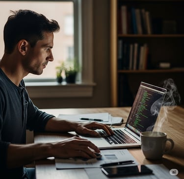 A man sitting at a computer desk with a laptop