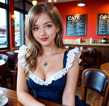 A woman in a blue dress in a restaurant
