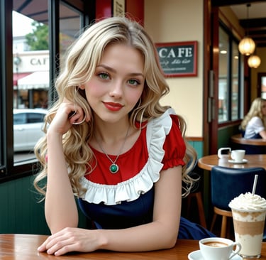 A woman with blonde hair sitting in a restaurant