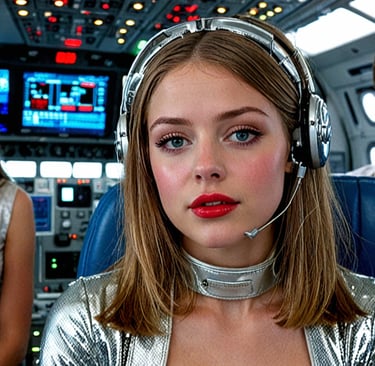 A woman in a control room with two companions. 