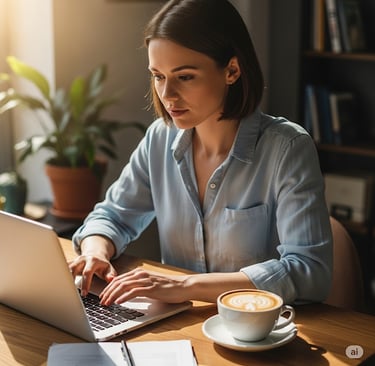 A woman sitting on a desk with her laptop