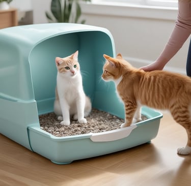 Two orange tabby cats are surrounded by small, warm-colored string lights. The cats are in a cardboard box with soft white paper underneath them. One cat is in the foreground, looking to the side, showing pronounced whiskers and a calm expression, while the other cat is in the background, partially blurred.