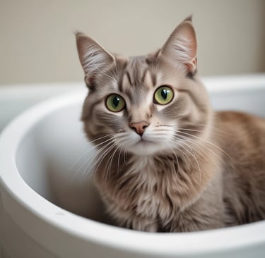 A cat is lounging on a patterned rug in a tiled room with a window. There is a cat tree next to the window and a cardboard box on the floor near a shower enclosure. Various cat toys and a food bowl are scattered around the room.