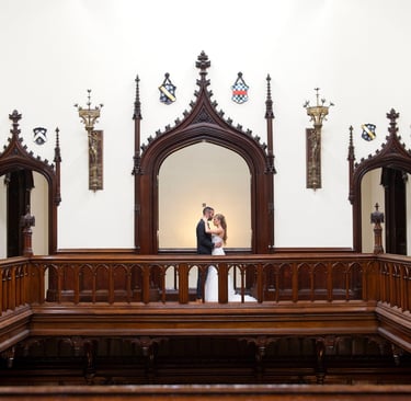 bride and groom in romantic photo, in a grand castle setting