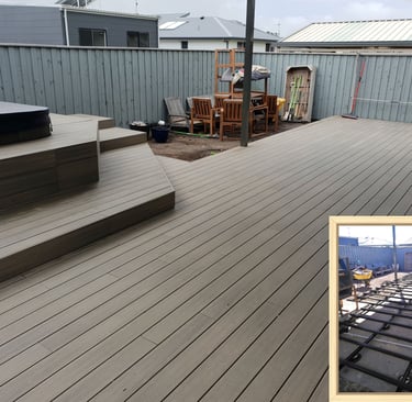 low level composite deck on aluminium substructure. Steps up around spa pool