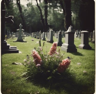 a cemetery cemetery with flowers in the grass