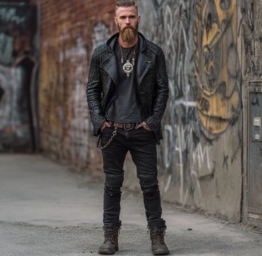 Viking Inspired Modern Look. Leather Jacket and Heavy Pendants