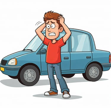 cartoon man is frantic because his keys are locked inside his car and he needs a lockout service performed by Fast T's Mobile