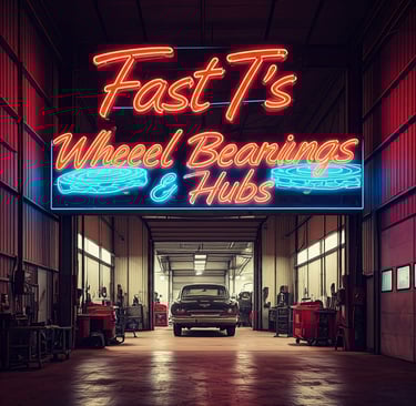 Neon sign at Auto Garage that says "Fast T's Wheel Bearings & Hubs