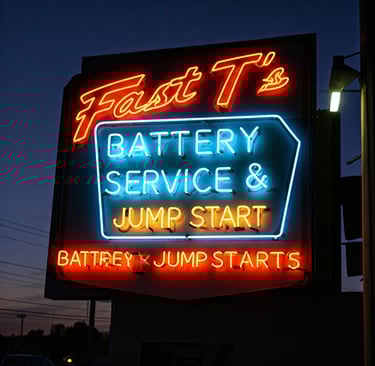 Neon sign at auto shop that says "Fast T's Battery Service & Jump Starts"