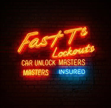 Neon signt that says Fast T's Lockouts-Car Unlock Masters-Insured