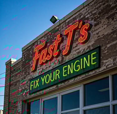 Neon Sign Says Fast T's Fix Your Engine on an Auto Repair Shop wall