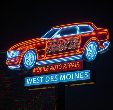 Neon sign that says Fast T's Mobile Auto Repair West Des Moines 