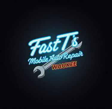 Neon sign that says Fast T's Mobile Auto Repair Waukee