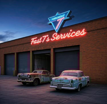 neon sign that says Fast T's Services with 2 old cars sitting in front of a 1950's Auto Repair Shop