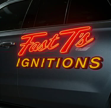 neon sign on the side of a car that says Fast T's  Ignitions 