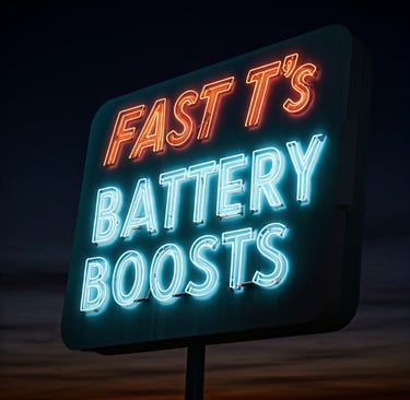 Neon sign that says Fast T's Battery Boosts