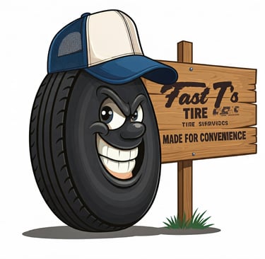 a cartoon car tire holding a sign that says Fast T's Tire Made for Convenience 