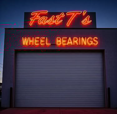 Neon sign on auto garage says Fast T's Wheel Bearings