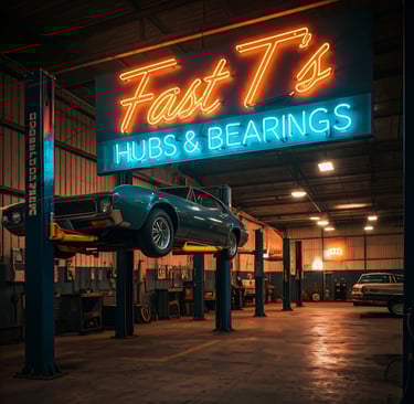 neon sign hanging from a car lift in an Auto repair shop that says Fast T's Hubs & Bearings