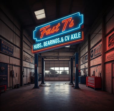 neon sign hanging in a garage work bay that says Fast T's Hubs, Wheel Bearings, & CV Axle