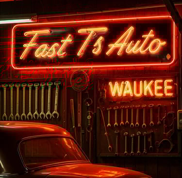 Neon sign says Fast T's Auto Waukee with wrenches hanging on the wall behind a vintage car reflecting a red hue