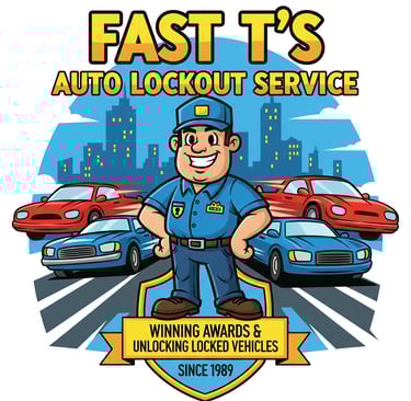 Fast T's Lockout Service van with a locksmith in front of it holding a sign that says Fast T's Auto Lockout Service