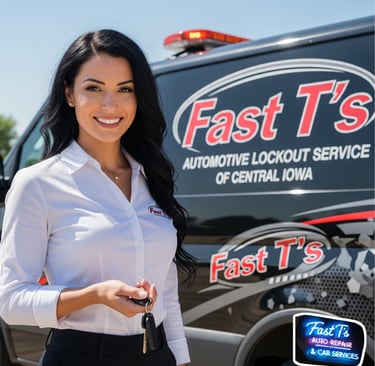 Brunette woman with her retrieved keys, standing in front of a service truck that says Fast T's Auto Lockout of central Iowa