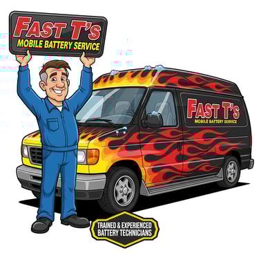 Fast T's Battery Technician cartoon holding a sign that says Fast T's Mobile Battery Service in front of battery service van