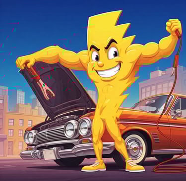 lightning bolt MSN jump starting a car battery in a parking lot
