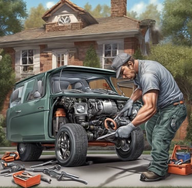 Mechanic working on a car in a driveway