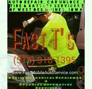 Fast T fixing a car with text that says Fast T's Mobile Automotive Mechanical Repairmen