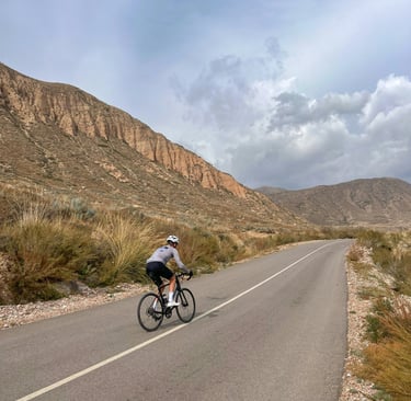 a person riding a bicycle on a road in Cholpon Ata by Dmitry Limonov
