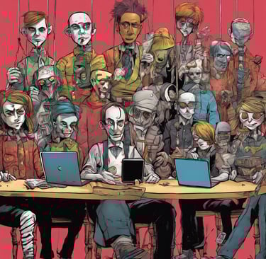 a group of people looking like zombies with puppet strings attached to them with laptops