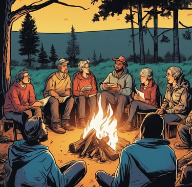 a group of people sitting around a warm campfire sharing stories