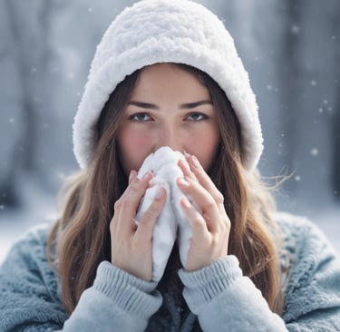 a woman feeling unwell with cold and flu symptoms in chilly wintry weather