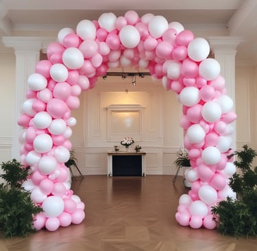 An outdoor event setup features numerous round tables covered with blue and white patterned tablecloths, each surrounded by white folding chairs. String lights are hung above, creating a warm, festive ambiance. Tall palm trees and a stone wall provide a picturesque backdrop, and people can be seen preparing the space.