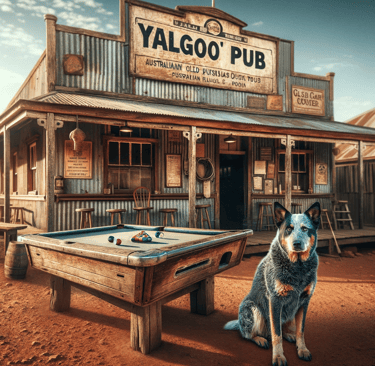 Illustration of an Australian outback pub and a blue heeler dog
