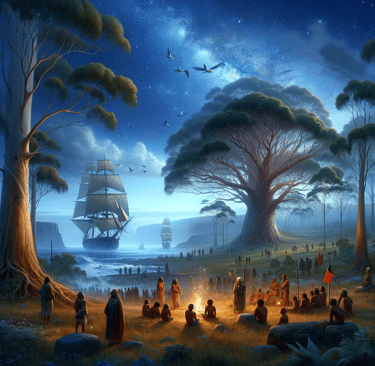 The first British ships arrive in Australia looked on by the Aboriginal people