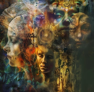 A melange of faces representing alter egos of a neurodiverse mind