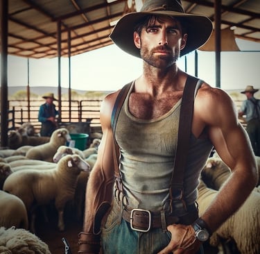 An Australian sheep shearer in the woolshed of an outback sheep station