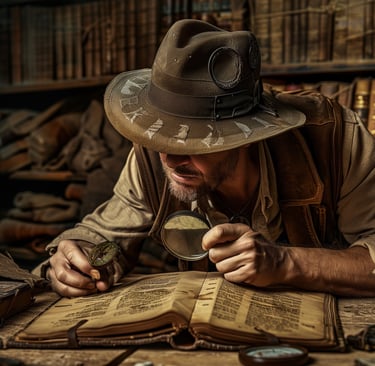 An adventurer in a dusty old library seeking clues to find a lost treasure