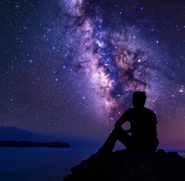 A silhouette of a seated man looking up into the starry night sky