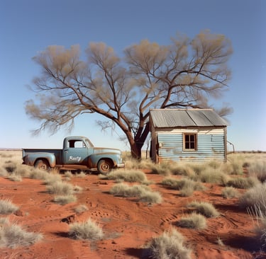 An Australian outback shanty house under a tree with an old rusty ute parked at front
