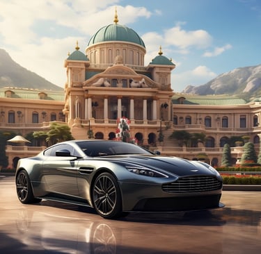 An Aston Martin parked in front of an impressive mansion