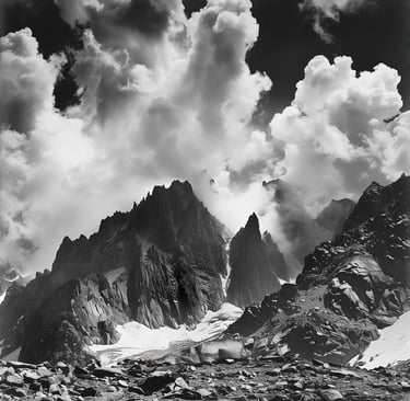 Illustrative mountain scene in the style of Ansel Adams