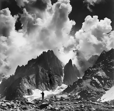 Illustrative mountain scene in the style of Ansel Adams